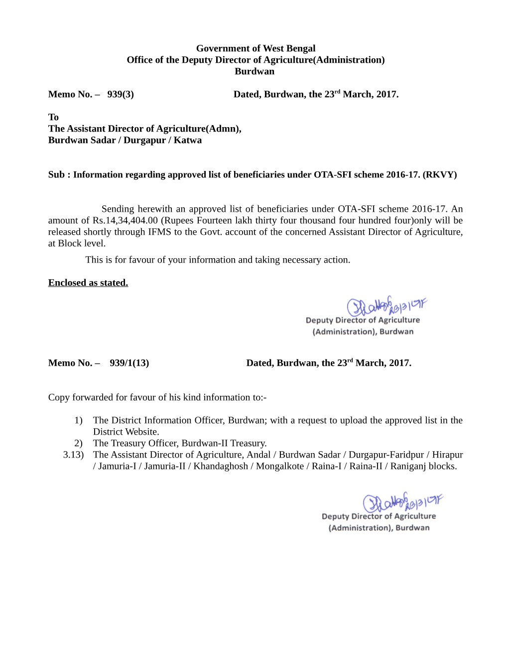 Government of West Bengal Office of the Deputy Director of Agriculture(Administration) Burdwan