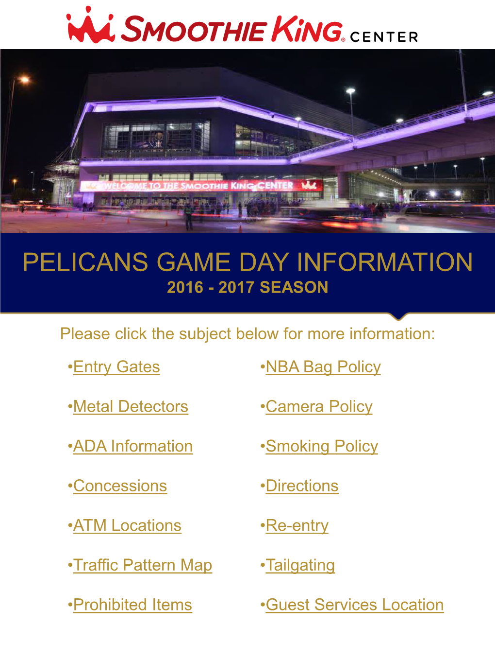 Pelicans Game Day Information 2016 - 2017 Season