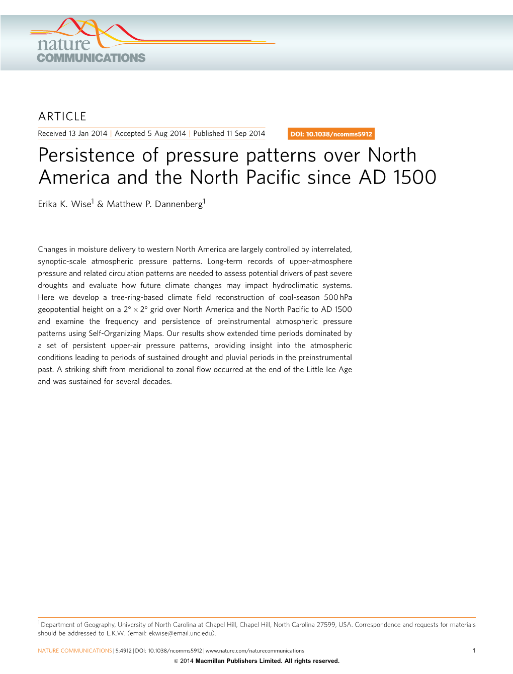 Persistence of Pressure Patterns Over North America and the North Pacific Since AD 1500