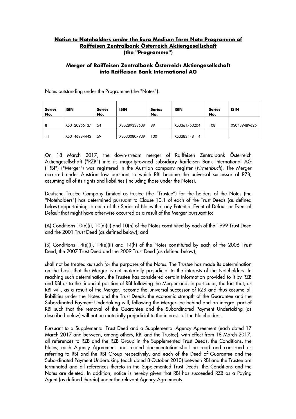 Merger RZB Into RBI (EMTN Note Programme)