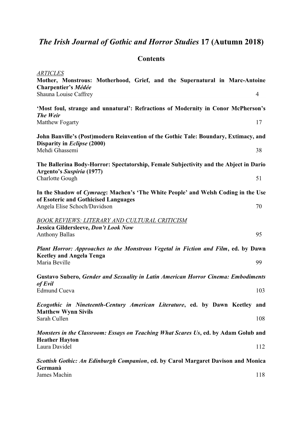 The Irish Journal of Gothic and Horror Studies 17 (Autumn 2018)