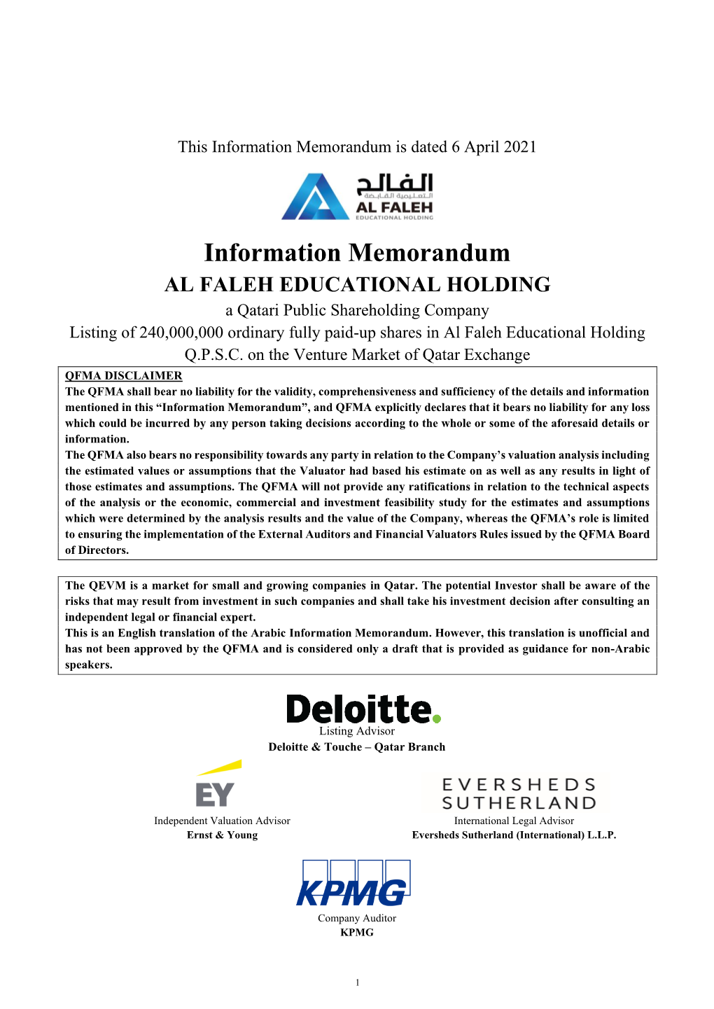 Information Memorandum AL FALEH EDUCATIONAL HOLDING