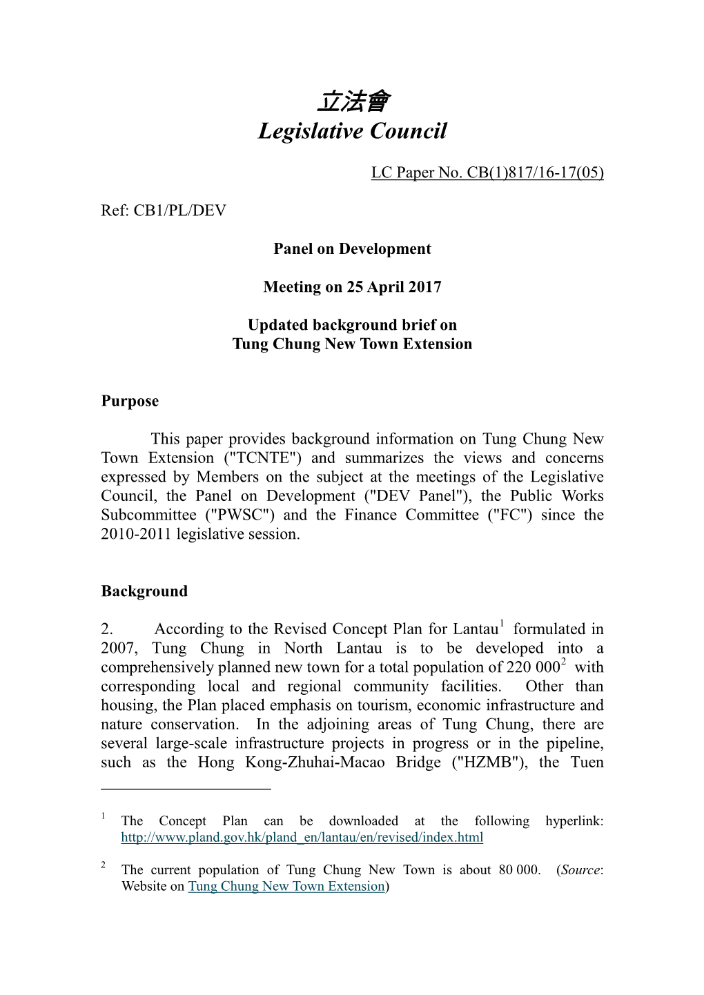 Paper on Tung Chung New Town Extension Prepared by The