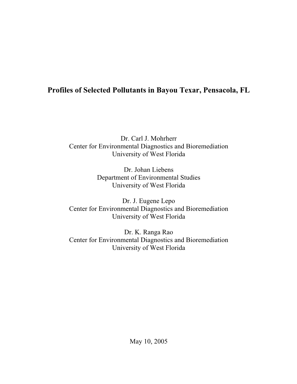 Profiles of Selected Pollutants in Bayou Texar, Pensacola, FL