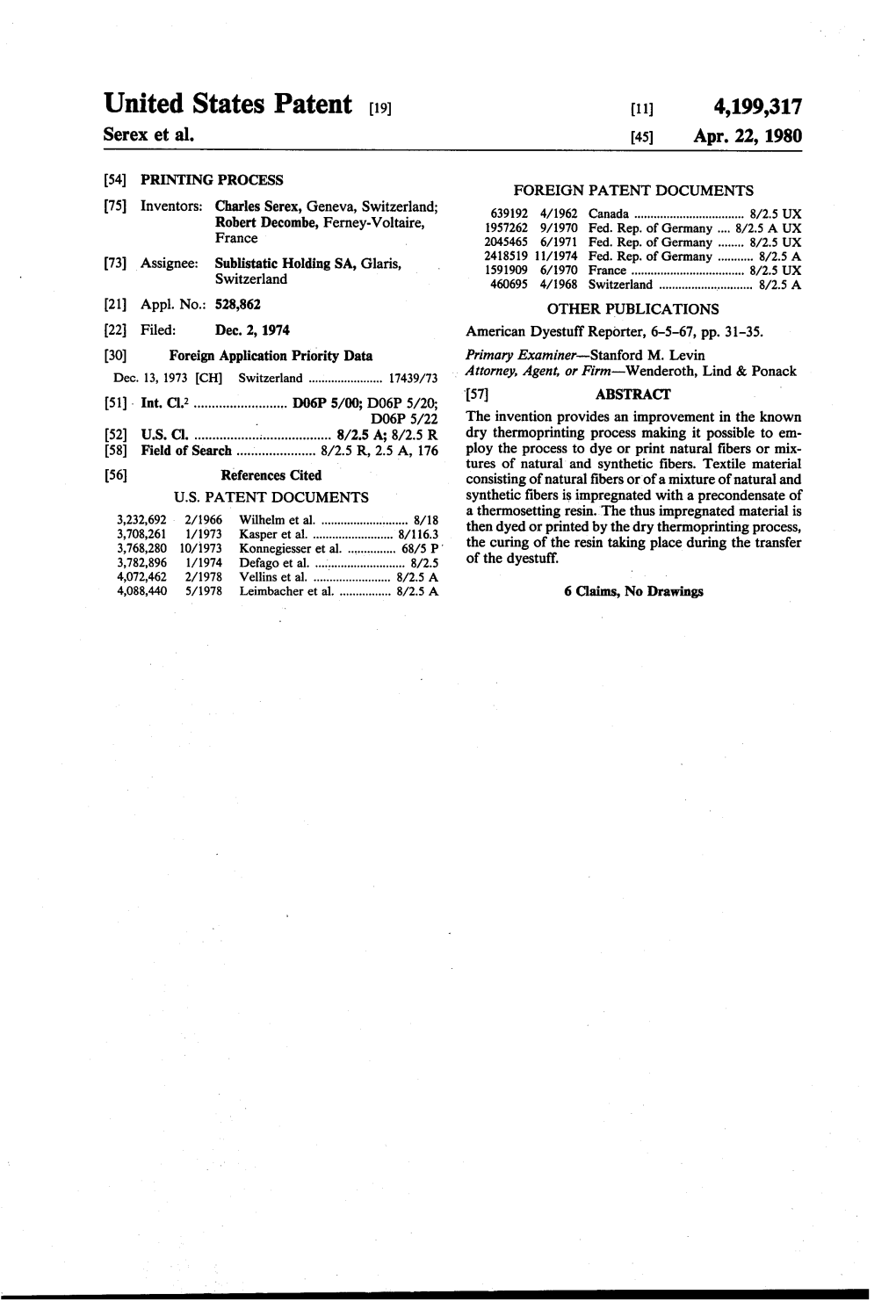 United States Patent [191 [11] 4,199,317 Serex Et Al