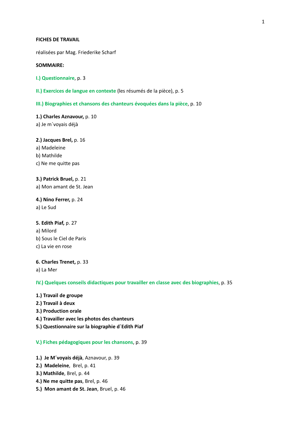 I.) Questionnaire, P. 3 II.) Exercices De Langue En Context