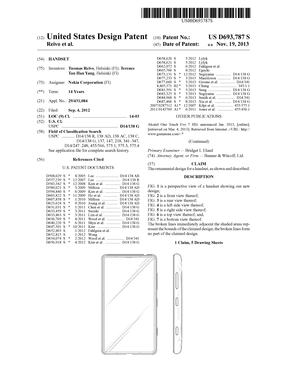 (12) United States Design Patent (10) Patent No.: US D693,787 S Reivo Et Al