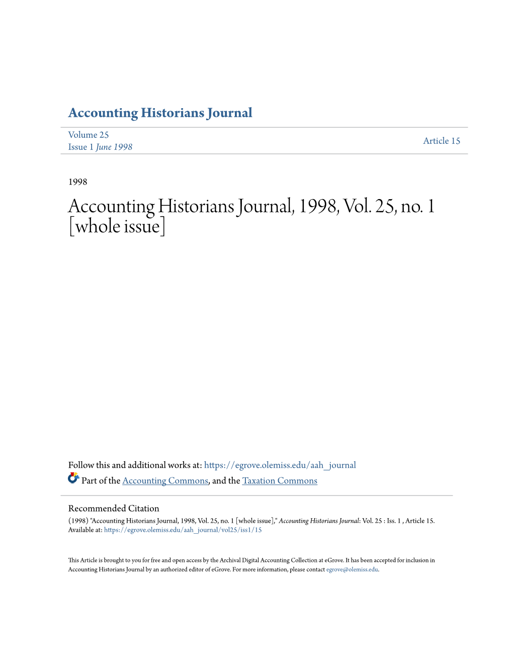 Accounting Historians Journal, 1998, Vol. 25, No. 1 [Whole Issue]