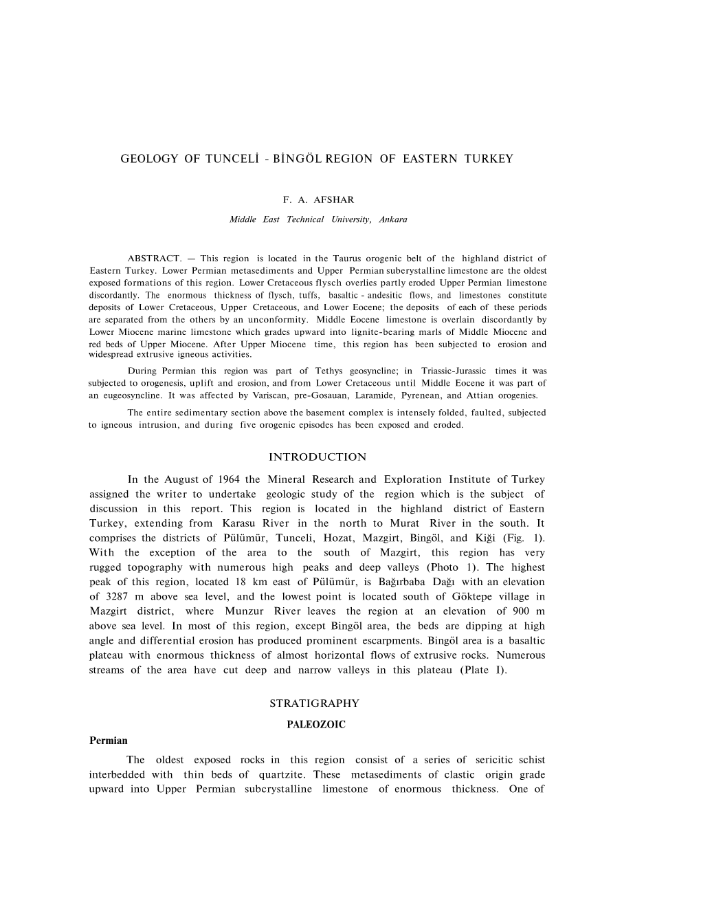 Geology of Tunceli - Bingöl Region of Eastern Turkey