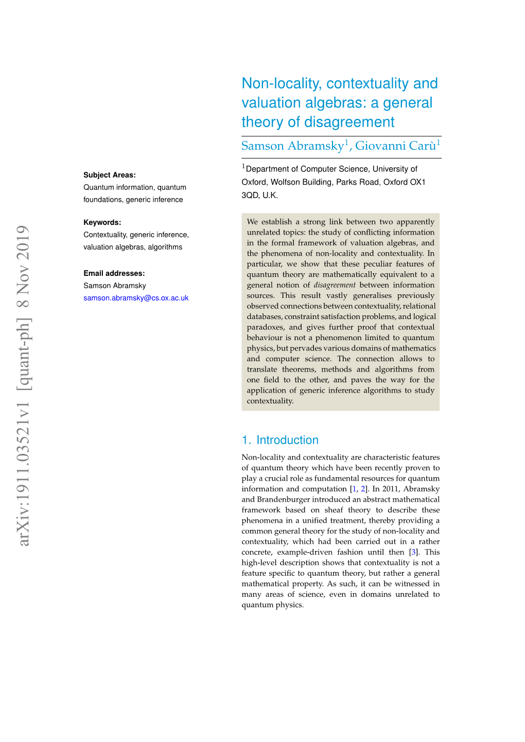 Non-Locality, Contextuality and Valuation Algebras: a General Theory of Disagreement Samson Abramsky1, Giovanni Carù1