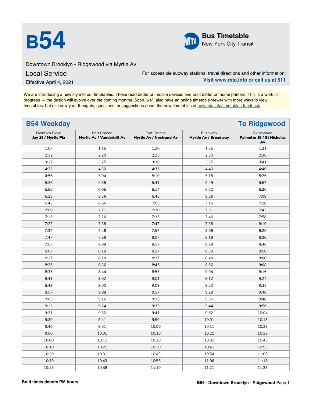 MTA B54 Bus Timetable