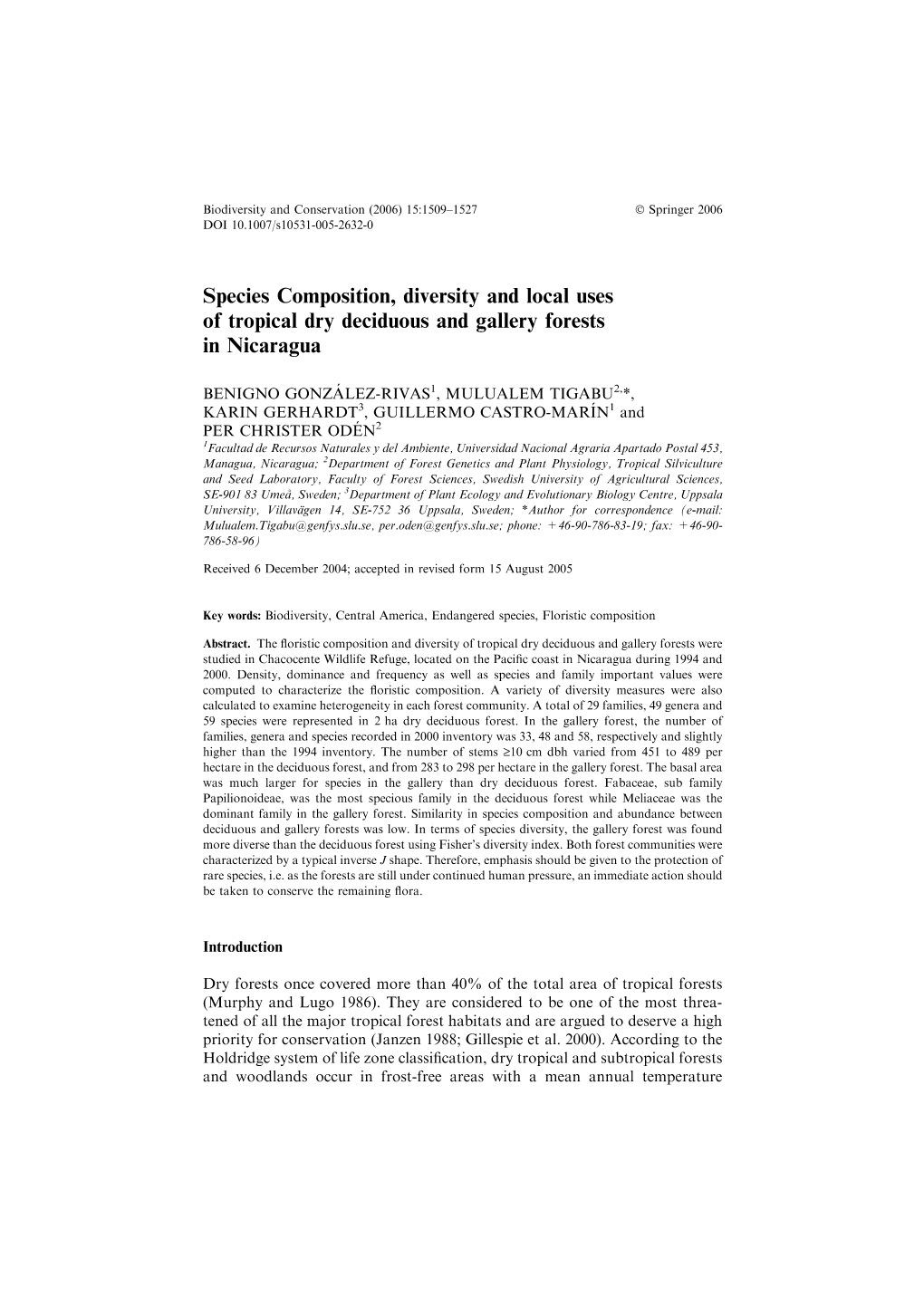 Species Composition, Diversity and Local Uses of Tropical Dry Deciduous and Gallery Forests in Nicaragua