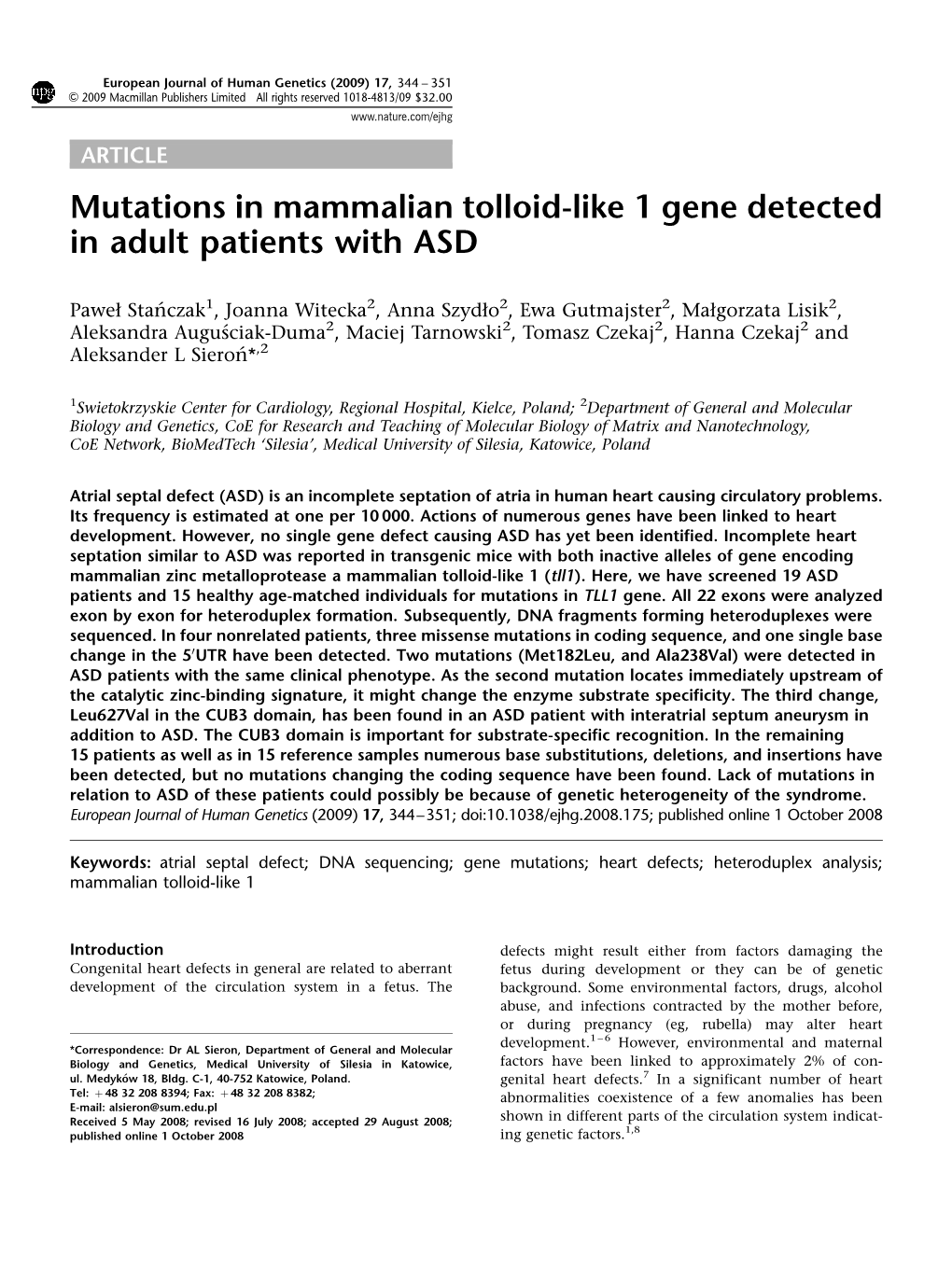 Mutations in Mammalian Tolloid-Like 1 Gene Detected in Adult Patients with ASD