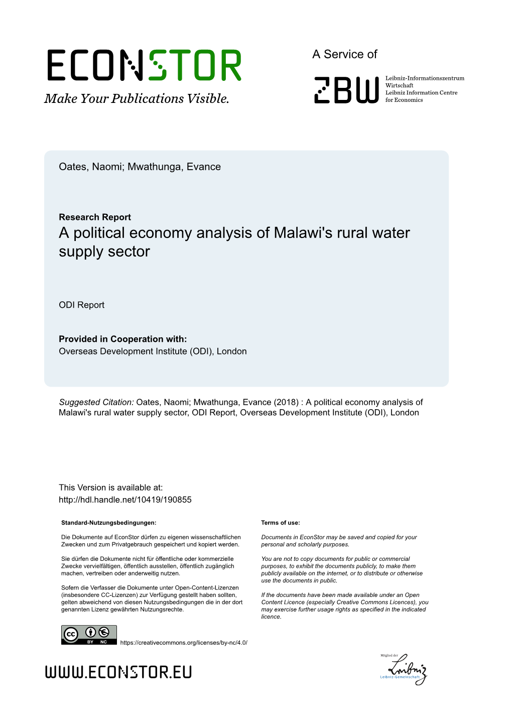 A Political Economy Analysis of Malawi's Rural Water Supply Sector