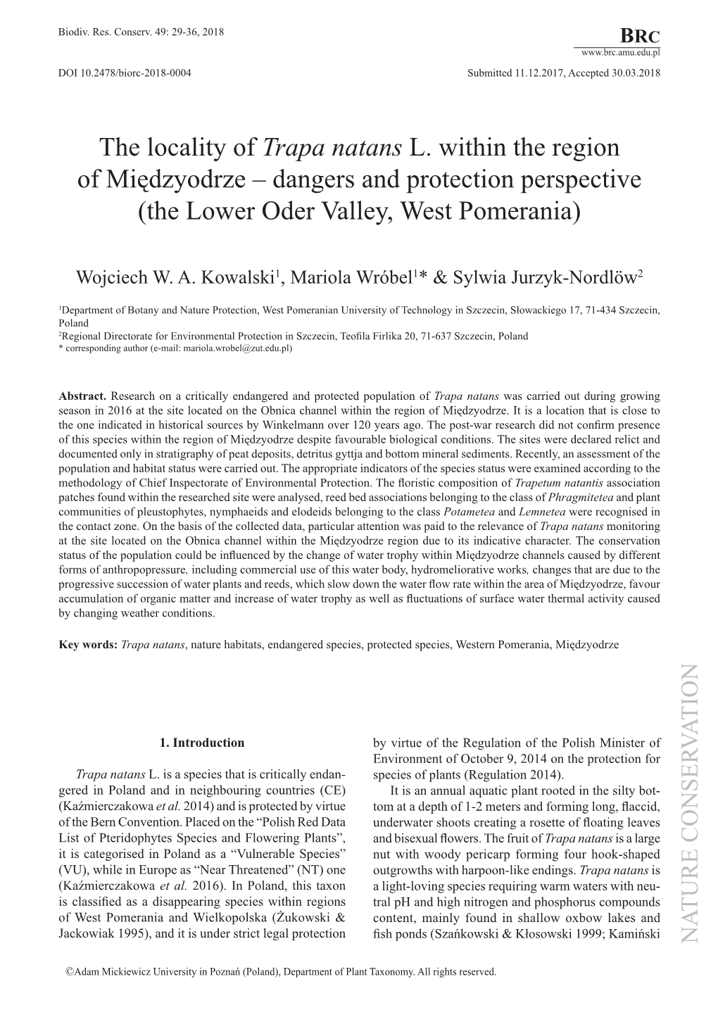 The Locality of Trapa Natans L. Within the Region of Międzyodrze – Dangers and Protection Perspective (The Lower Oder Valley, West Pomerania)