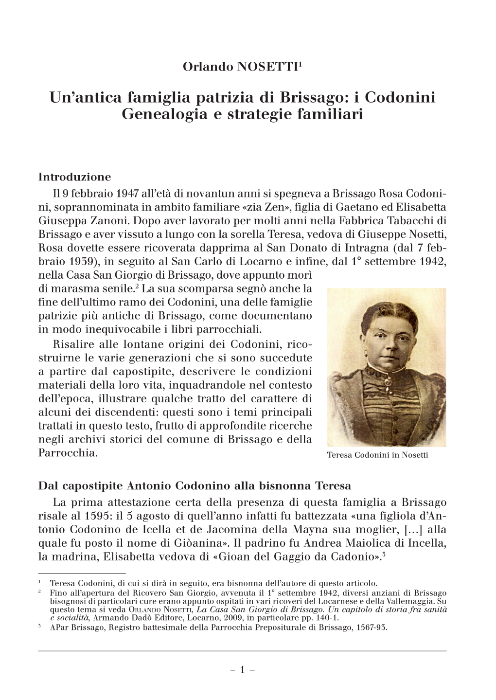 Un'antica Famiglia Patrizia Di Brissago: I Codonini Genealogia E