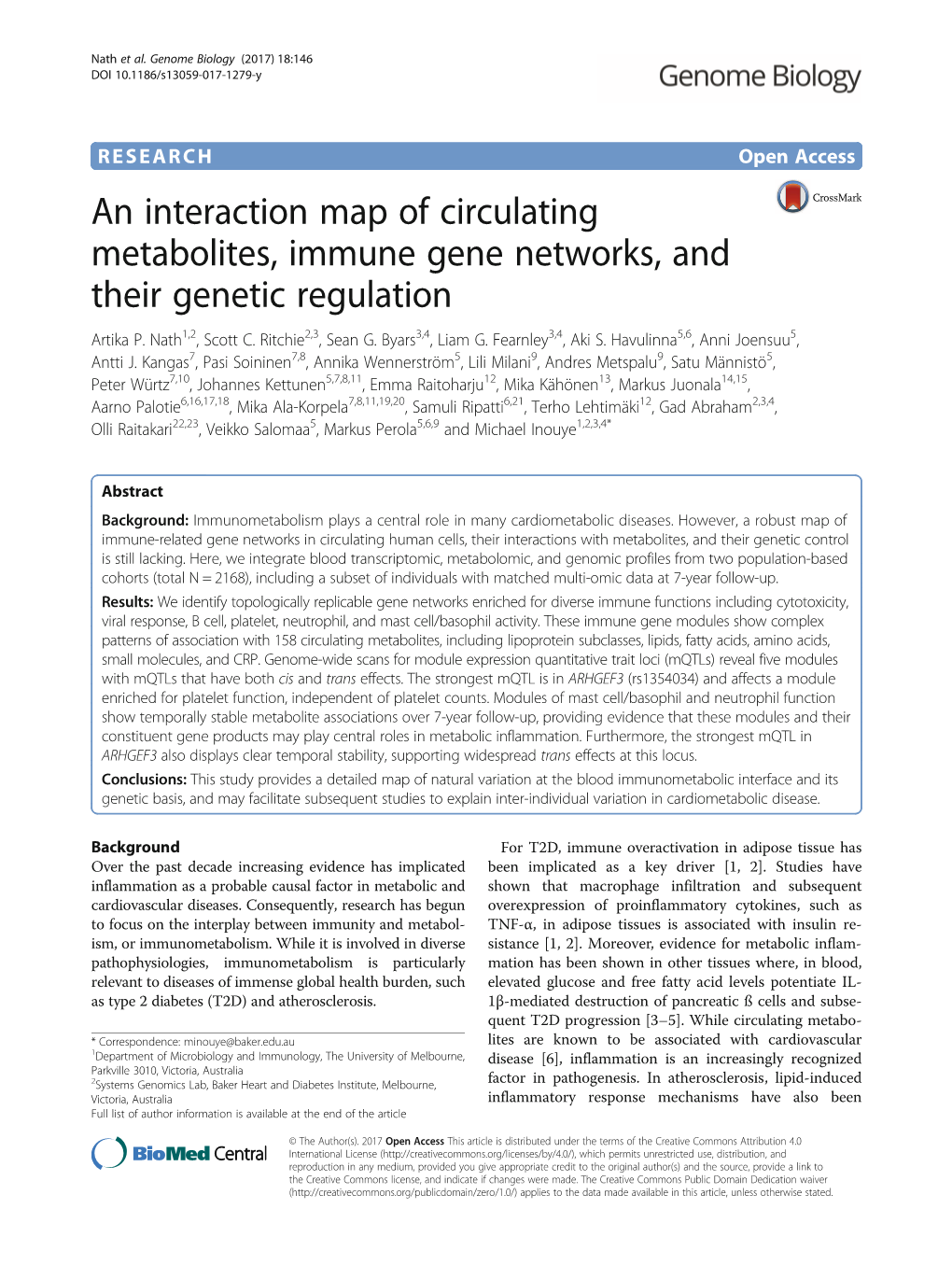 An Interaction Map of Circulating Metabolites, Immune Gene Networks, and Their Genetic Regulation Artika P