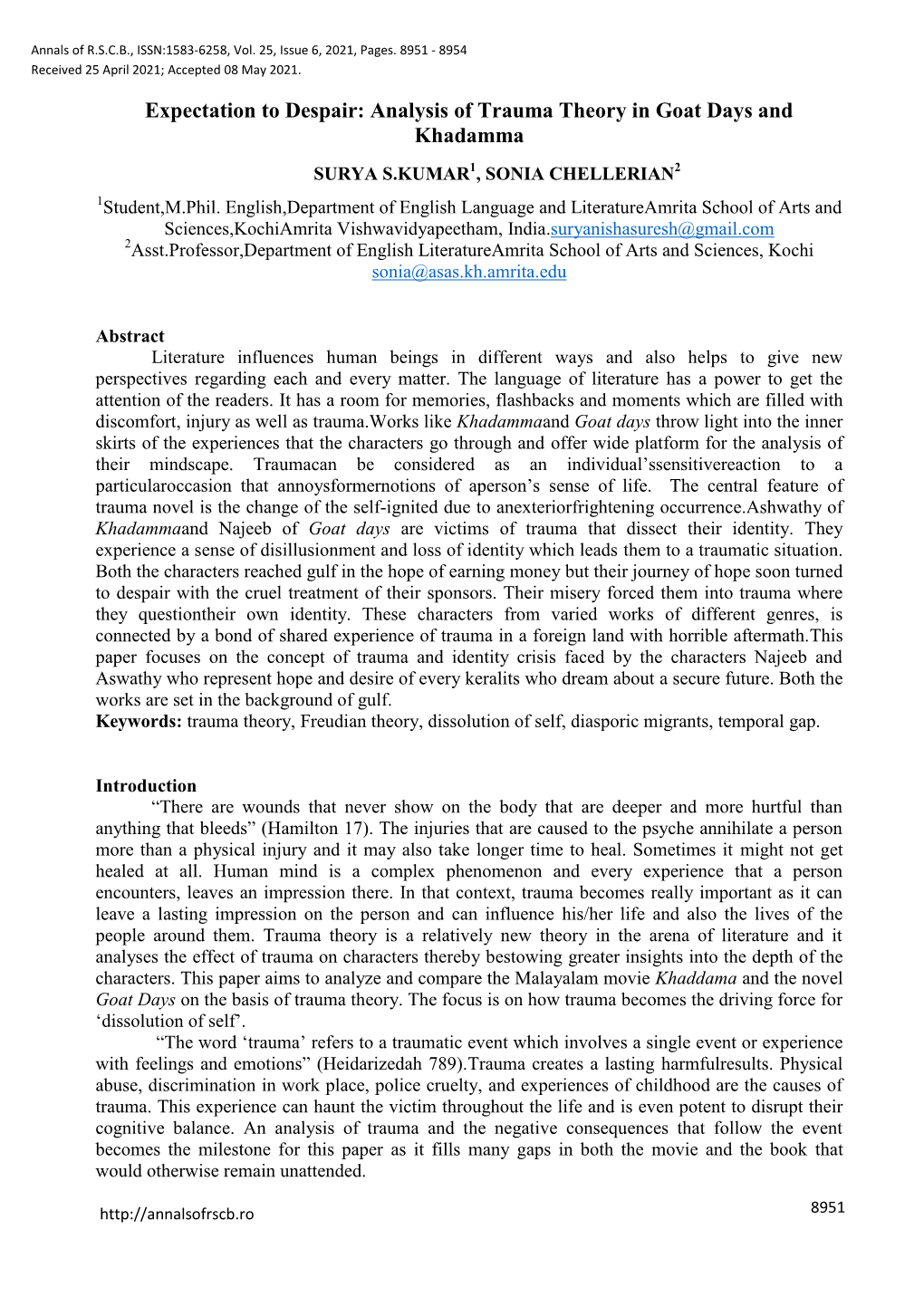 Analysis of Trauma Theory in Goat Days and Khadamma SURYA S.KUMAR1, SONIA CHELLERIAN2 1Student,M.Phil