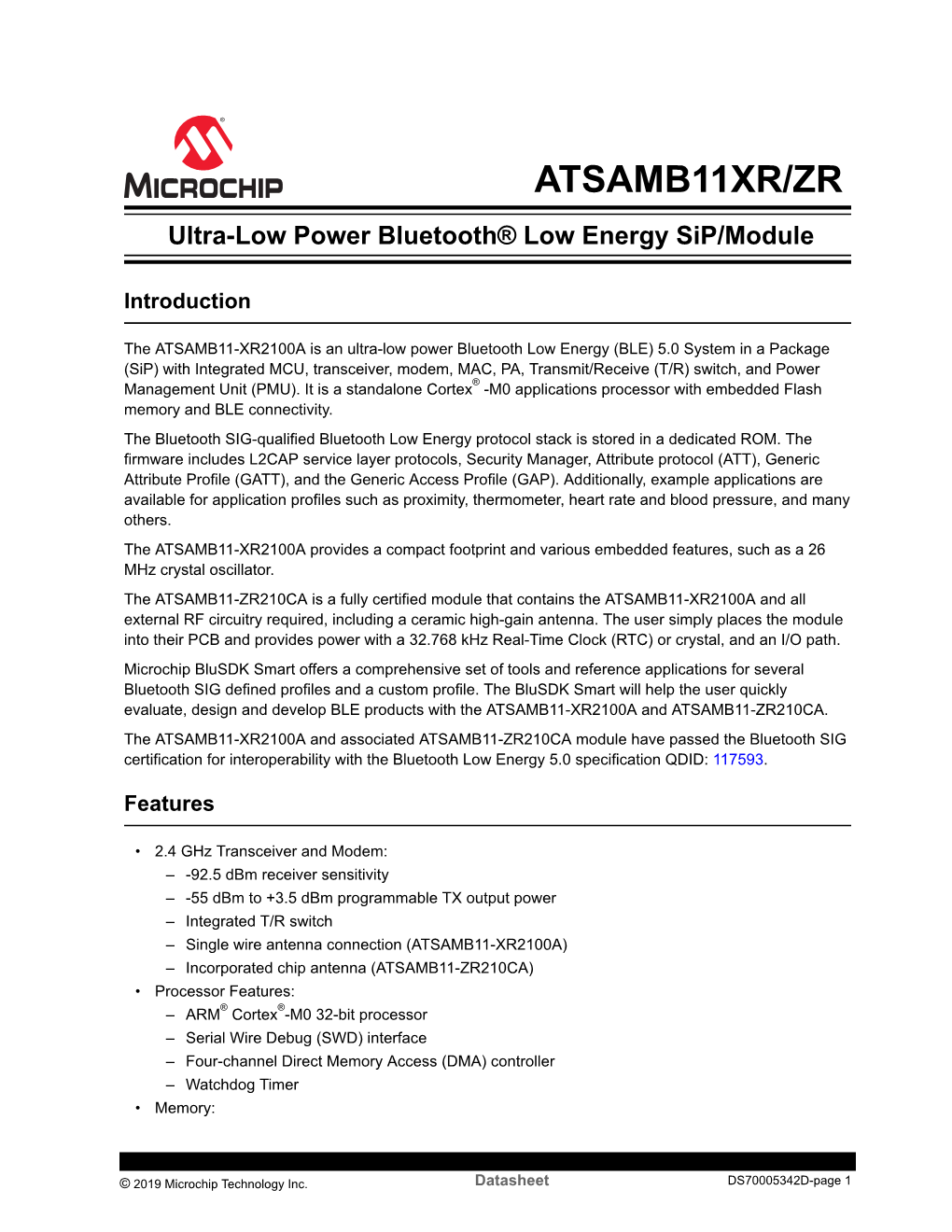 ATSAMB11XR-ZR Ultra-Low Power Bluetooth Low Energy Sip/Module