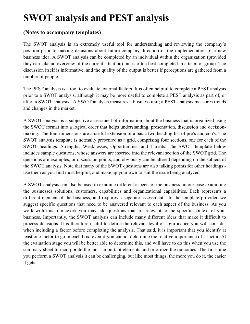 SWOT Analysis and PEST Analysis