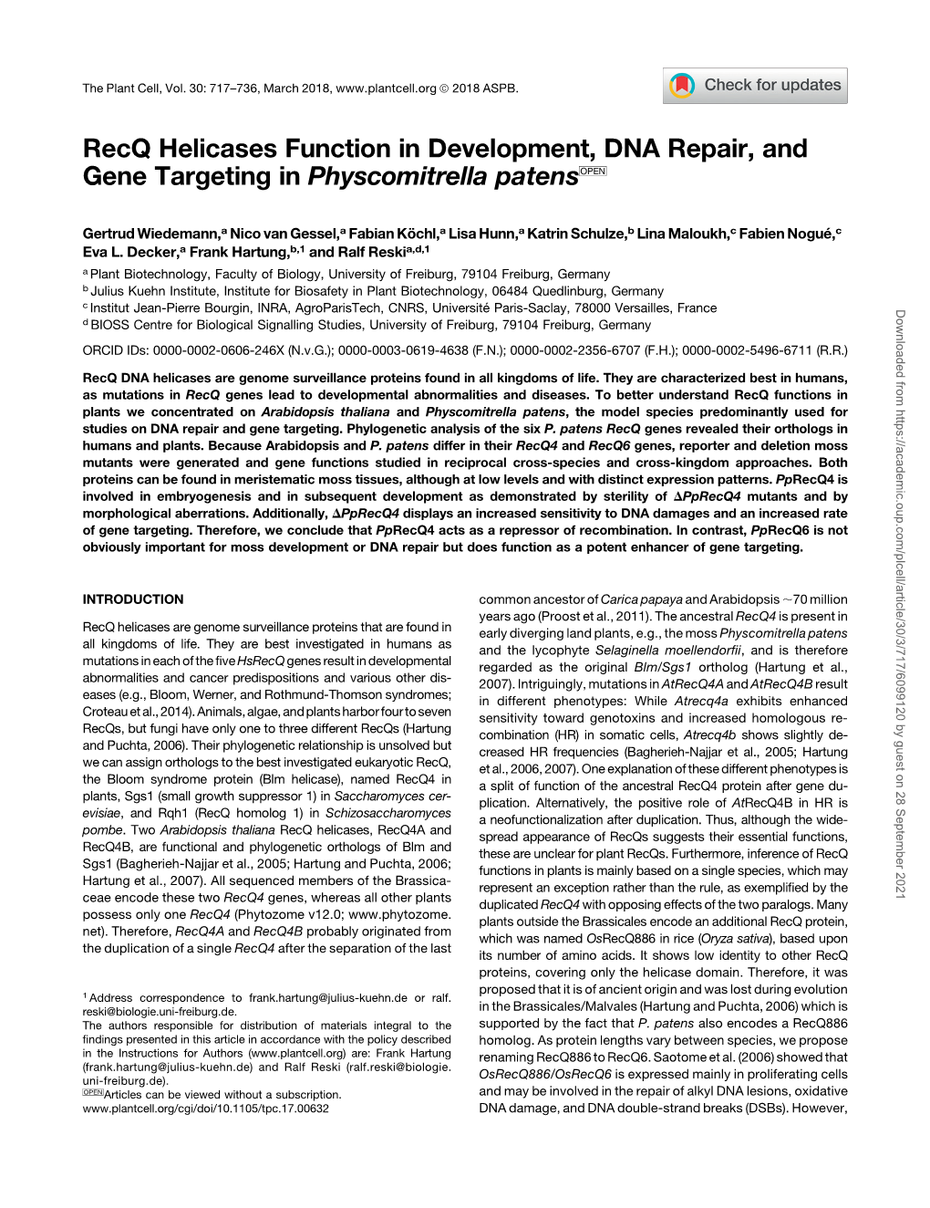 Recq Helicases Function in Development, DNA Repair, and Gene Targeting in Physcomitrella Patens[OPEN]