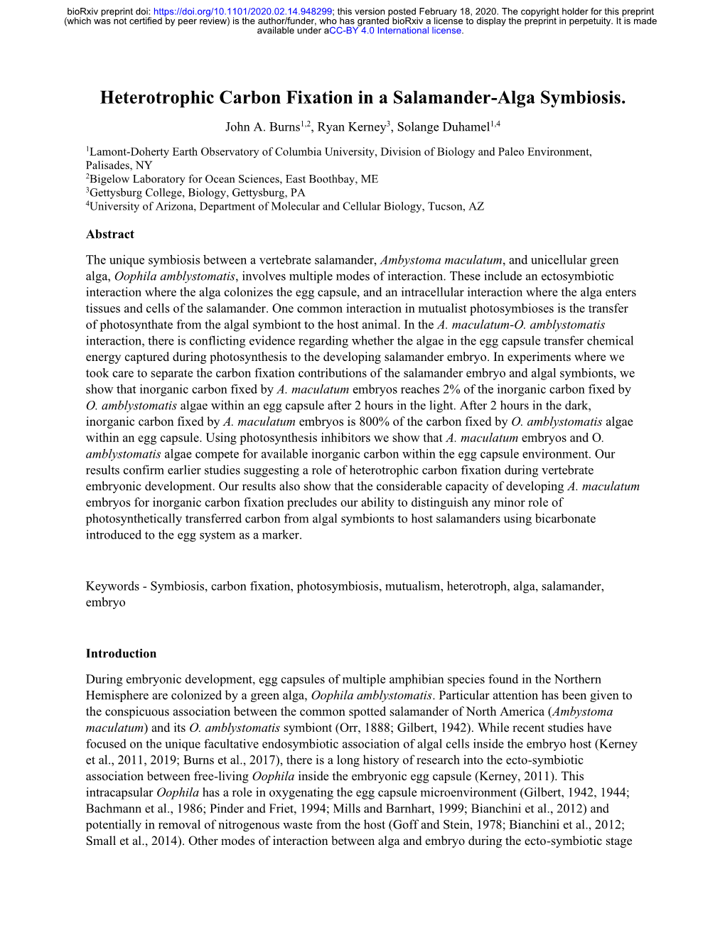 Heterotrophic Carbon Fixation in a Salamander-Alga Symbiosis