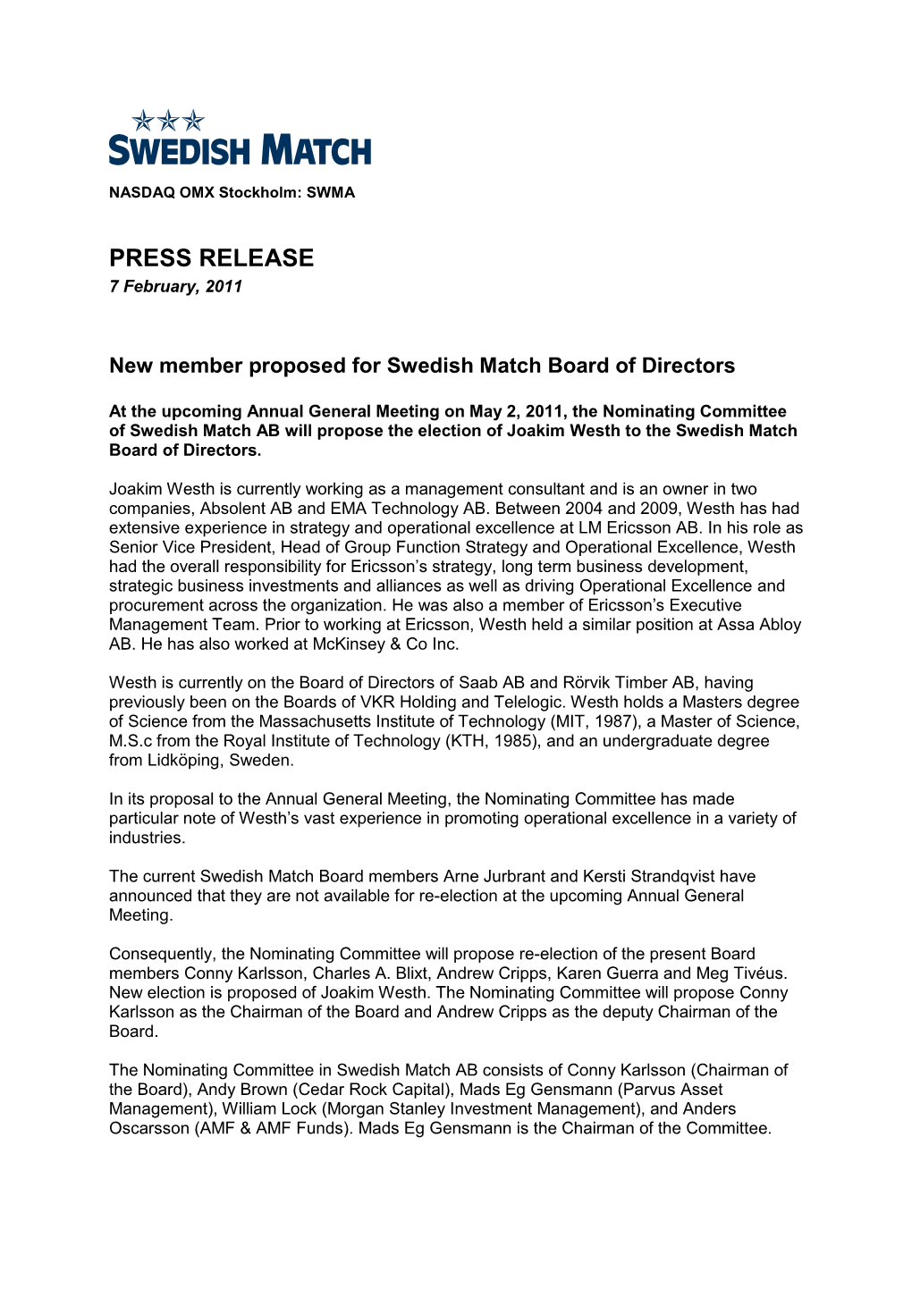 PRESS RELEASE 7 February, 2011