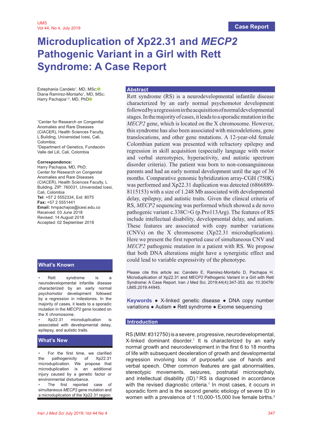 Microduplication of Xp22.31 and MECP2 Pathogenic Variant in a Girl with Rett Syndrome: a Case Report