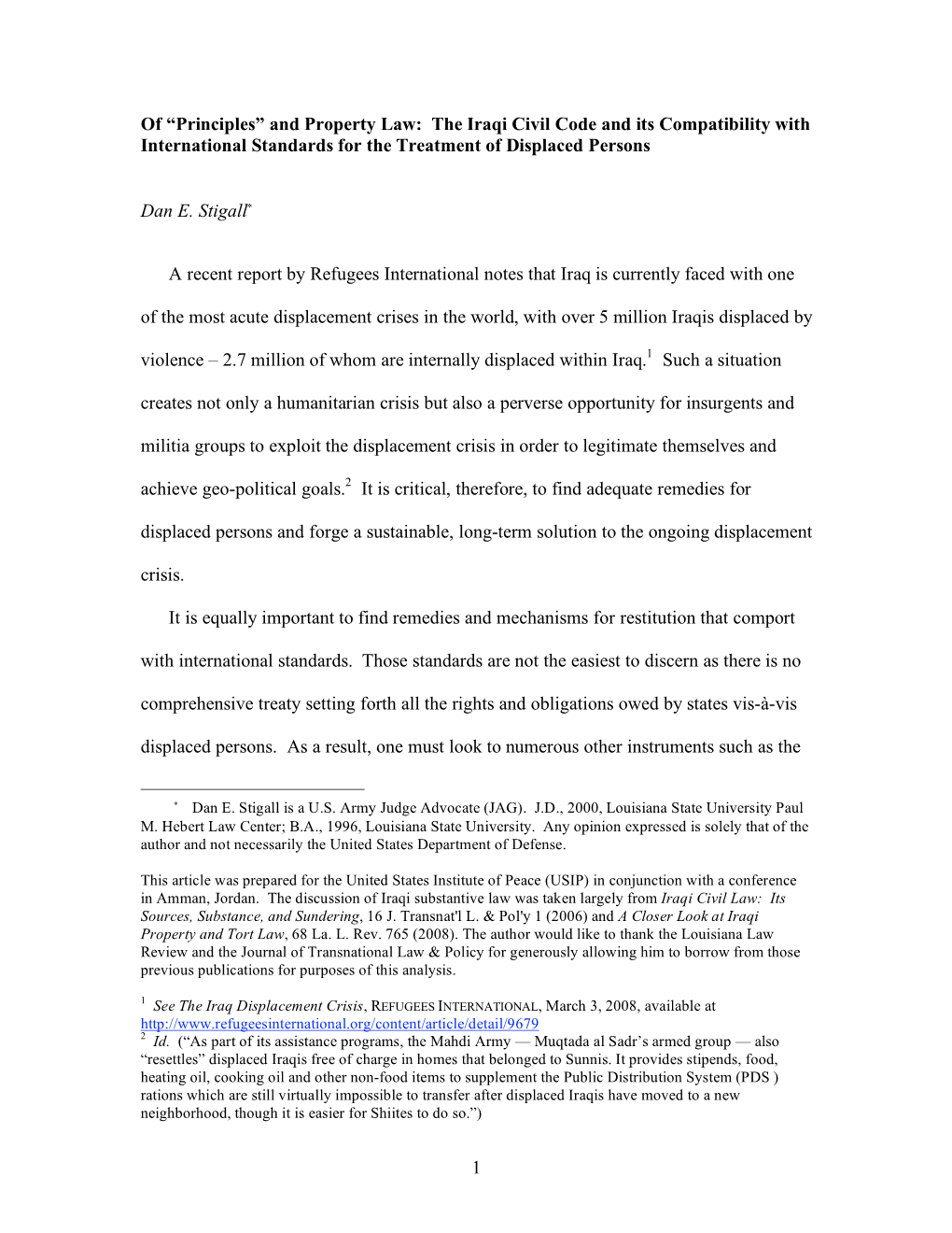 And Property Law: the Iraqi Civil Code and Its Compatibility with International Standards for the Treatment of Displaced Persons