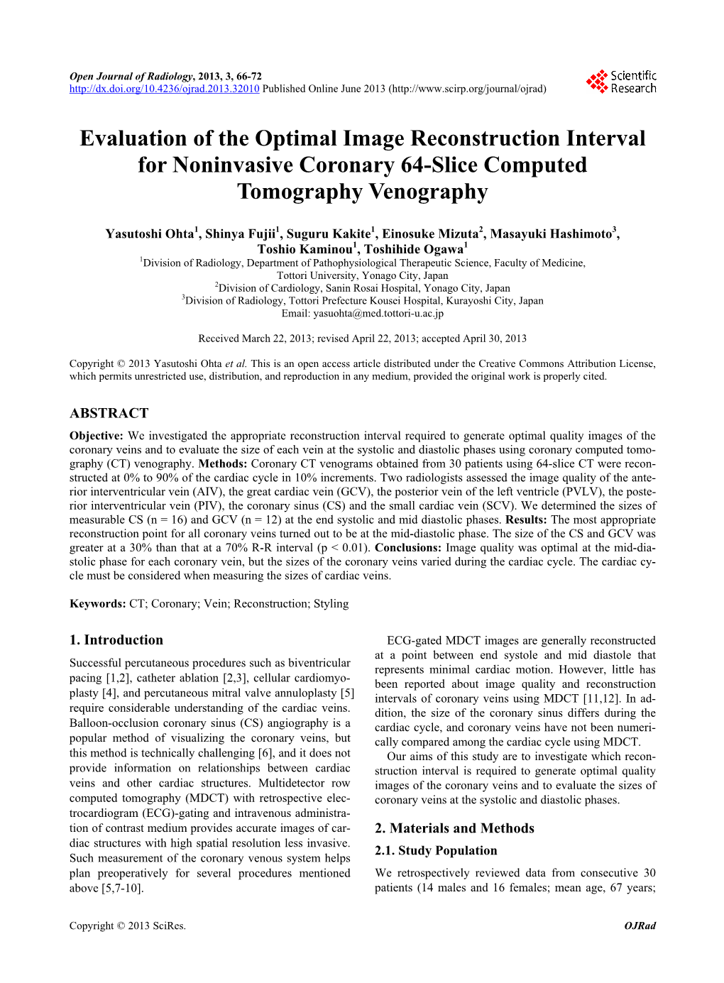 Evaluation of the Optimal Image Reconstruction Interval for Noninvasive Coronary 64-Slice Computed Tomography Venography