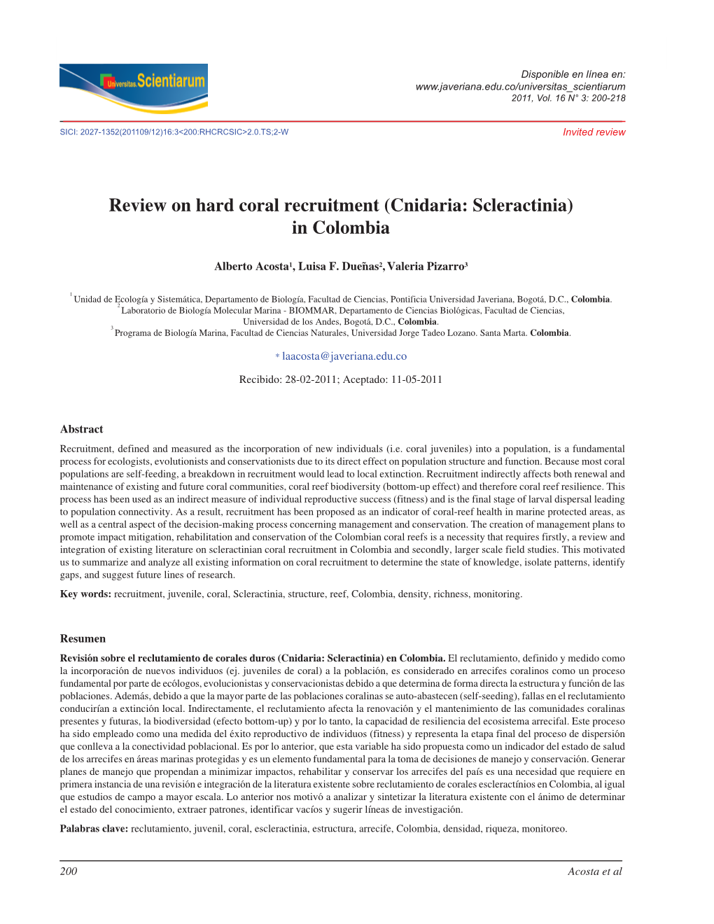 Review on Hard Coral Recruitment (Cnidaria: Scleractinia) in Colombia