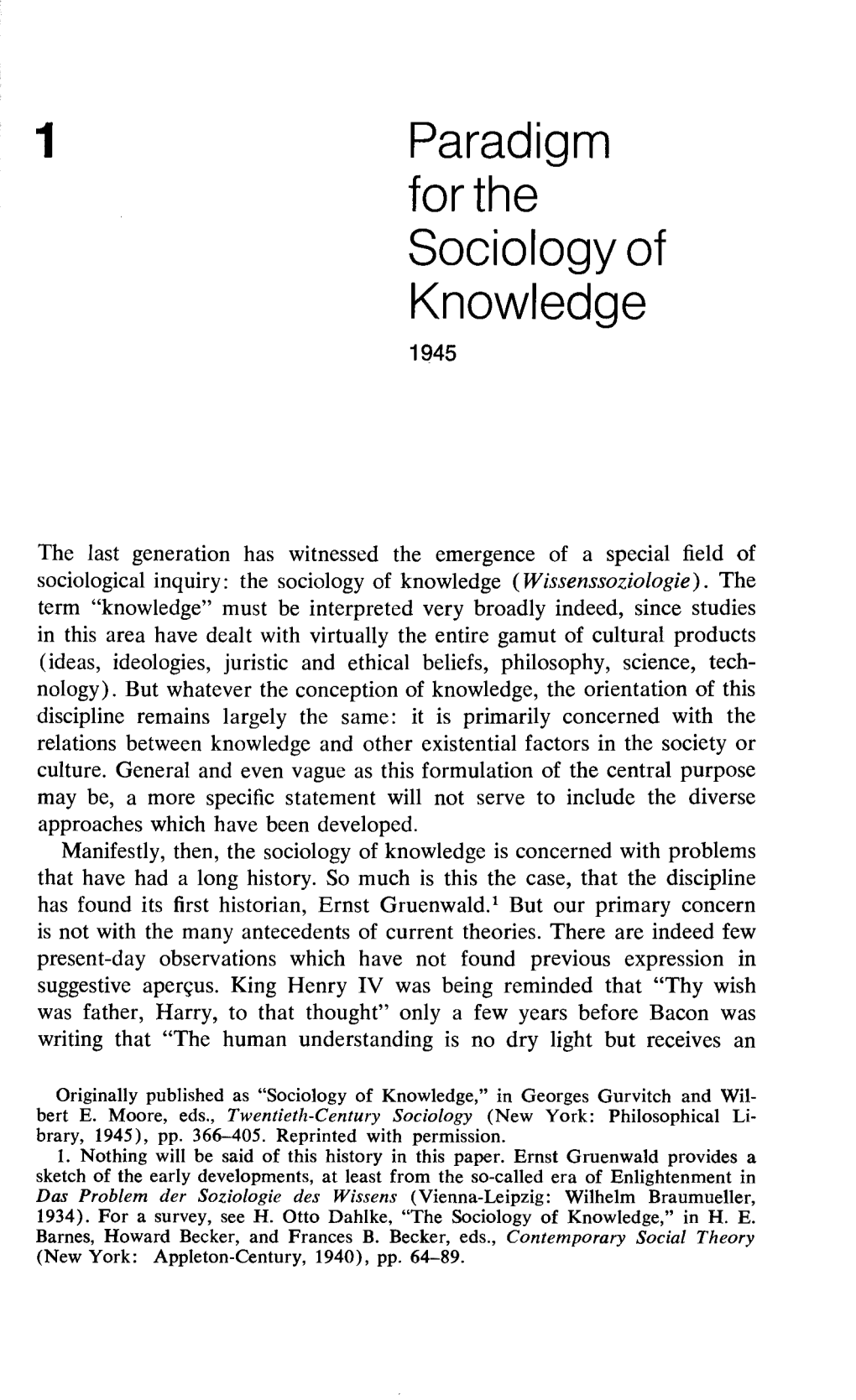 Paradigm for the Sociology of Knowledge 1945