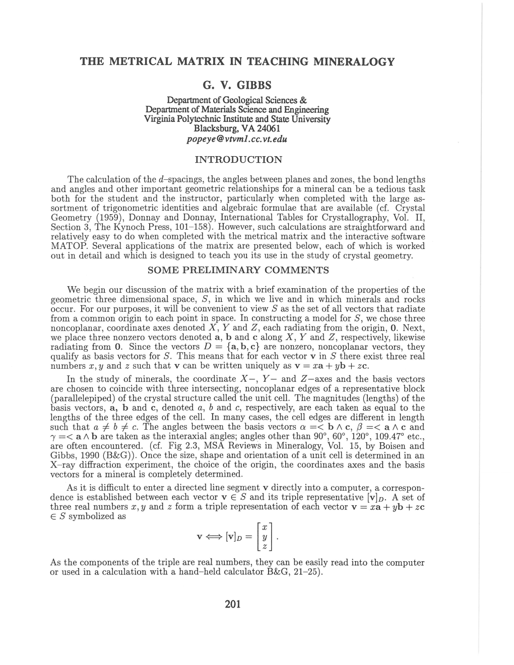 The Metrical Matrix in Teaching Mineralogy G. V