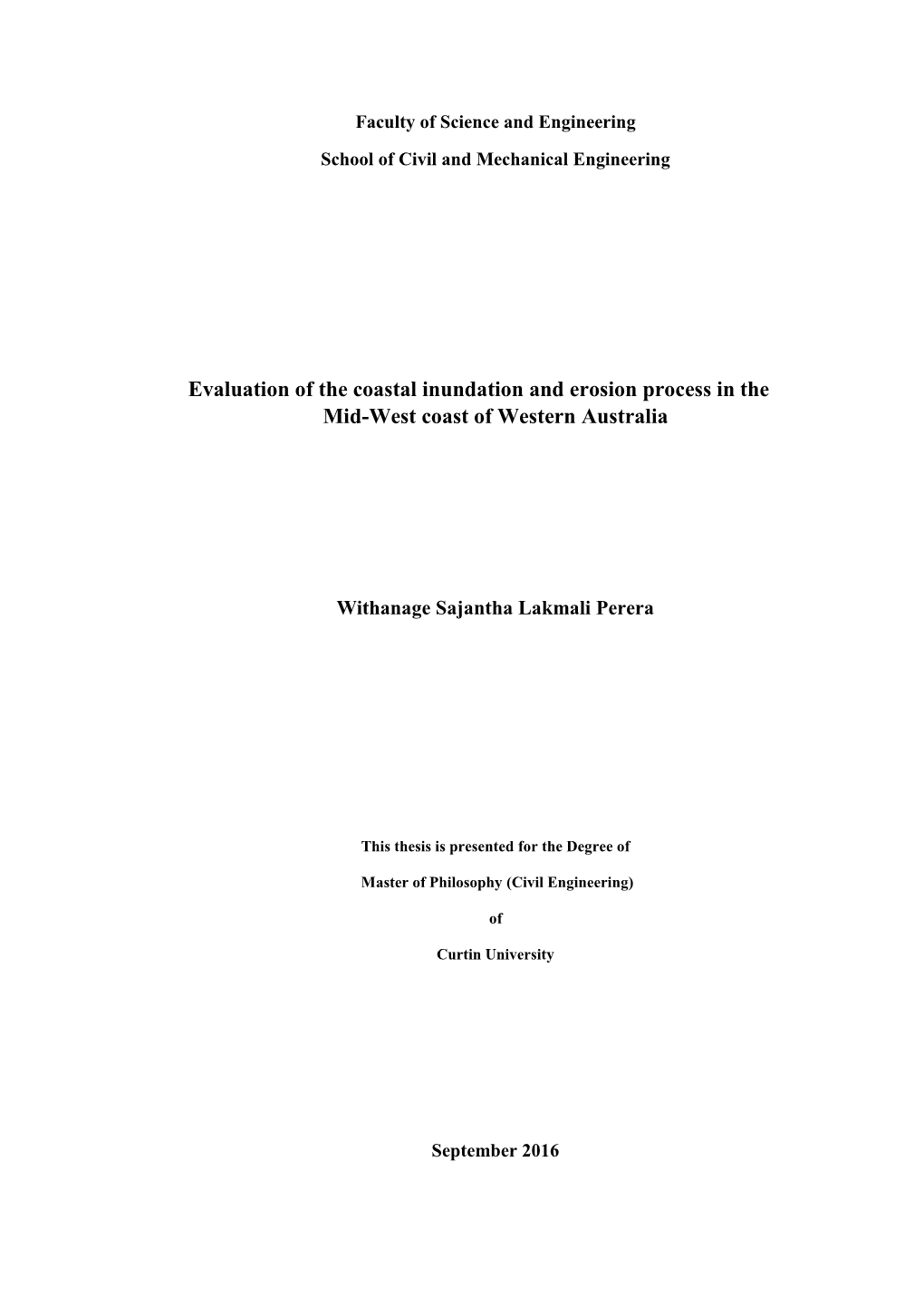 Evaluation of the Coastal Inundation and Erosion Process in the Mid-West Coast of Western Australia