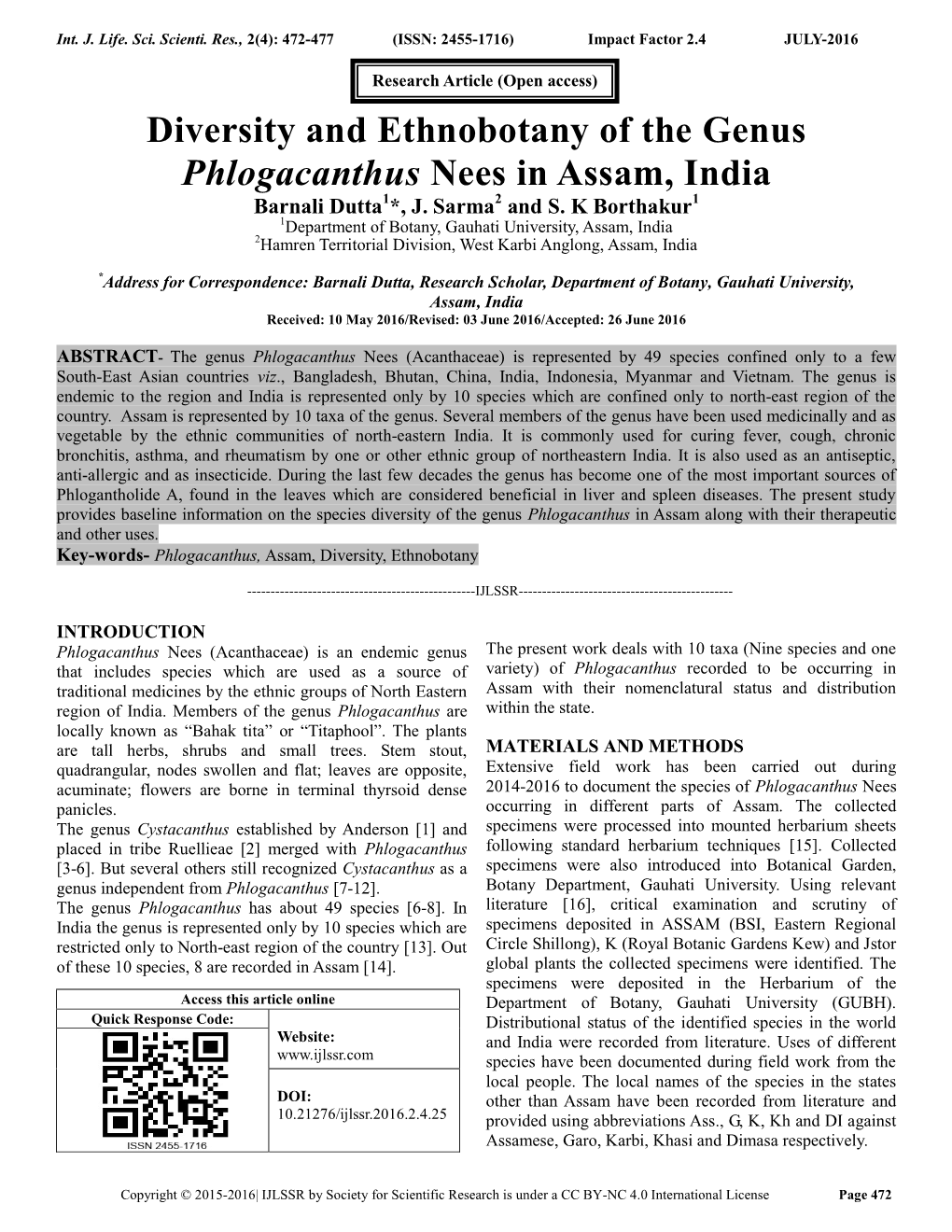 Diversity and Ethnobotany of the Genus Phlogacanthus Nees in Assam, India Barnali Dutta1*, J