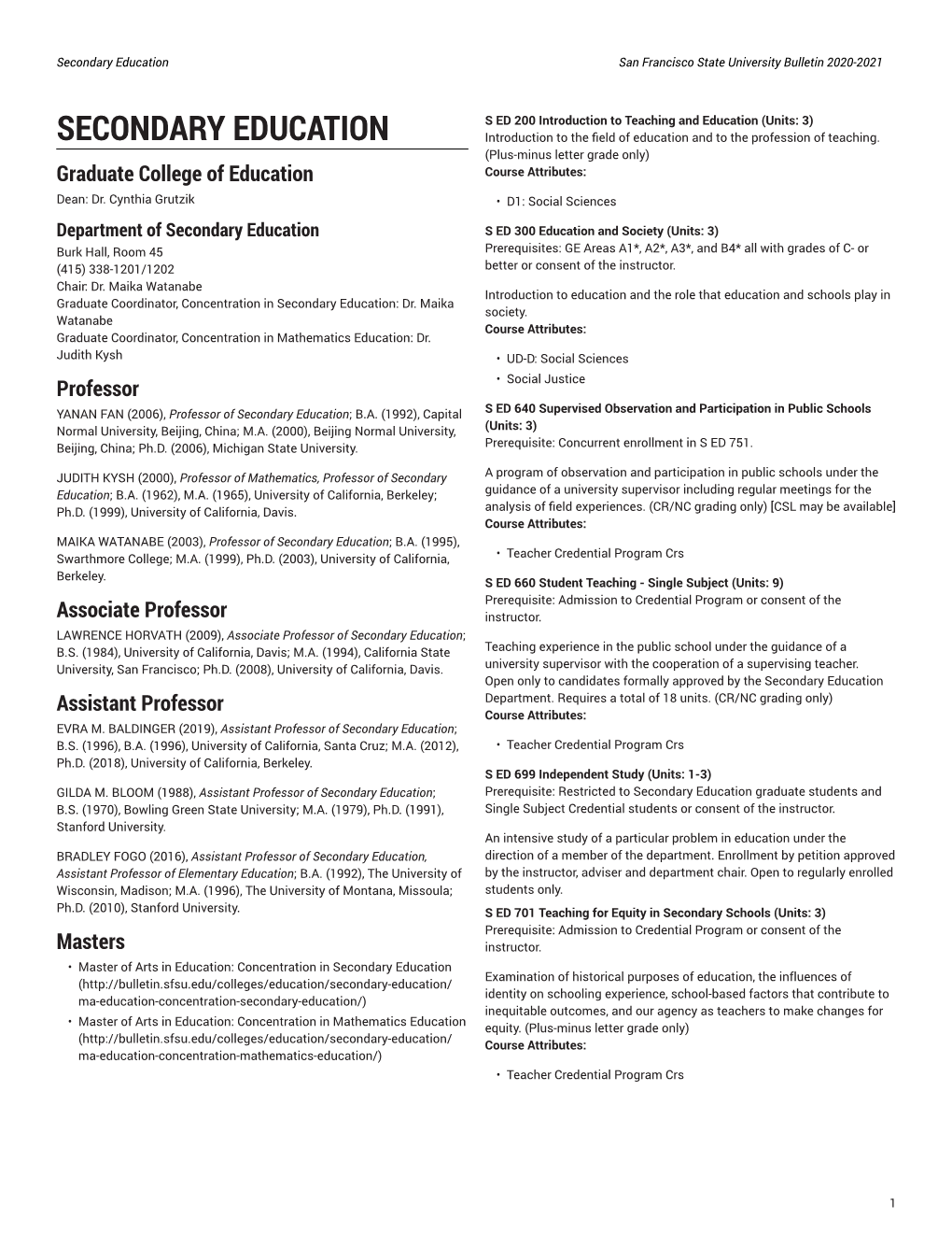 Secondary Education San Francisco State University Bulletin 2020-2021