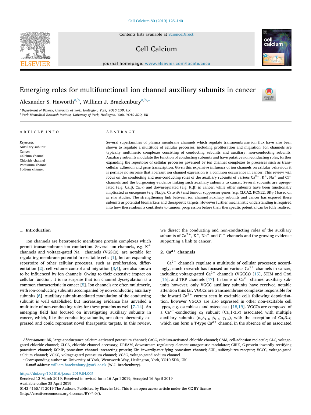 Emerging Roles for Multifunctional Ion Channel Auxiliary Subunits in Cancer T ⁎ Alexander S