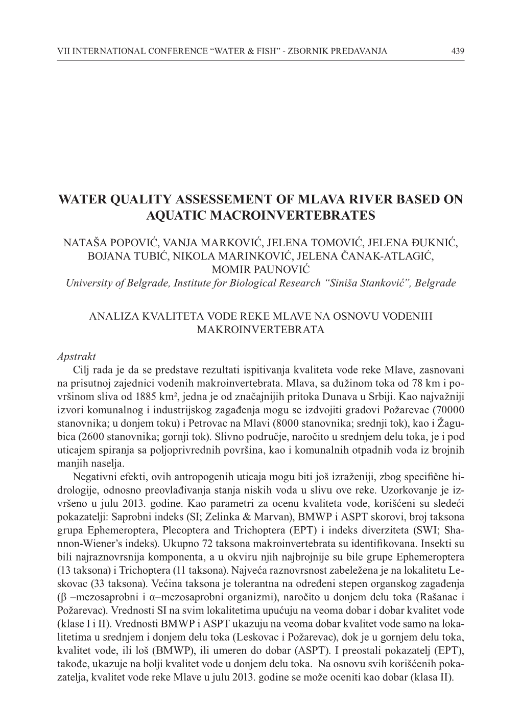 Water Quality Assessement of Mlava River Based on Aquatic Macroinvertebrates