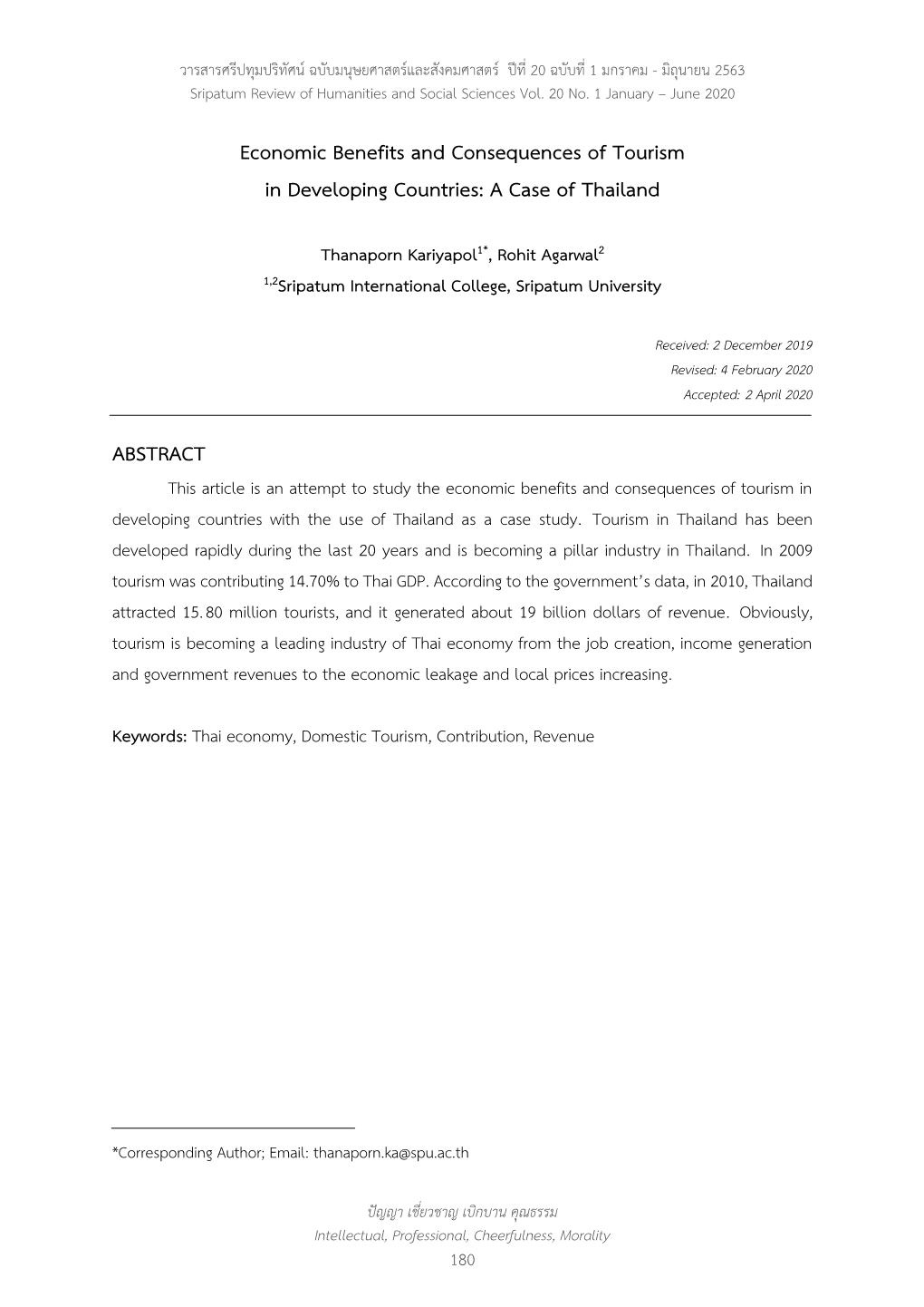 Economic Benefits and Consequences of Tourism in Developing Countries: a Case of Thailand