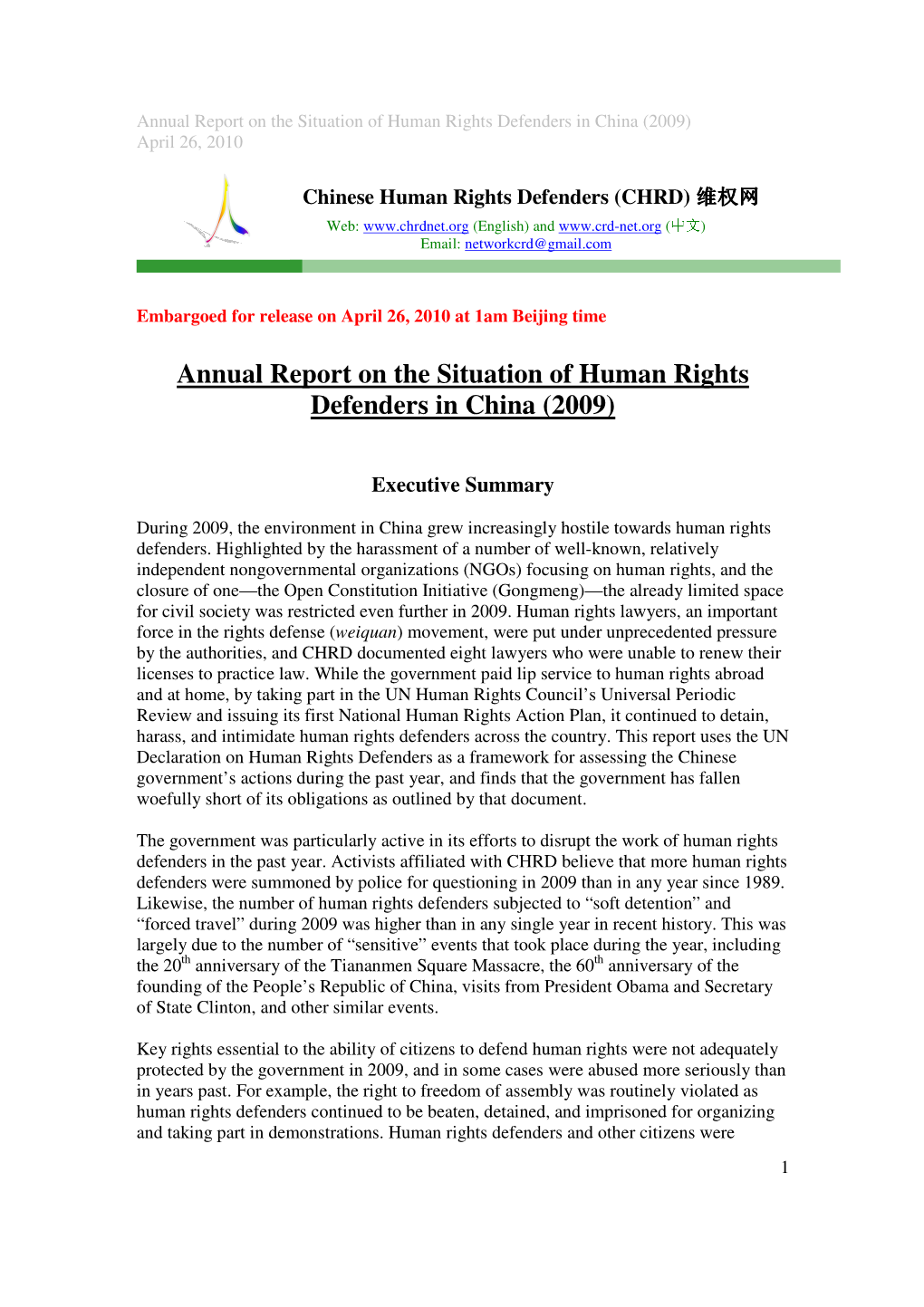 Annual Report on the Situation of Human Rights Defenders in China (2009) April 26, 2010