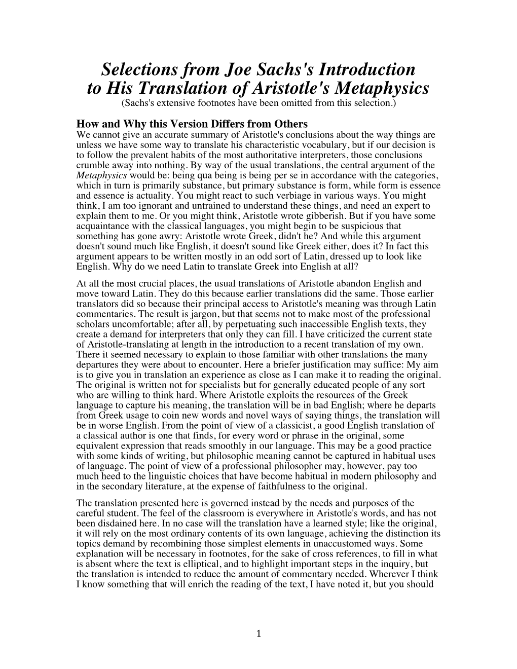 Selections from Joe Sachs's Introduction to His Translation of Aristotle's Metaphysics (Sachs's Extensive Footnotes Have Been Omitted from This Selection.)