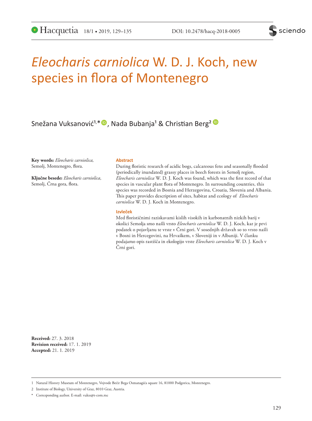 Eleocharis Carniolica W. D. J. Koch, New Species in Flora of Montenegro