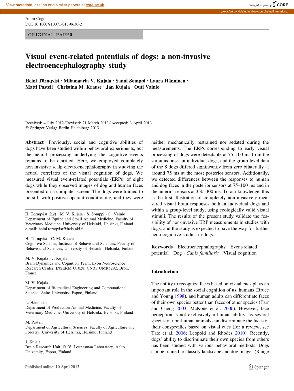 Visual Event-Related Potentials of Dogs: a Non-Invasive Electroencephalography Study