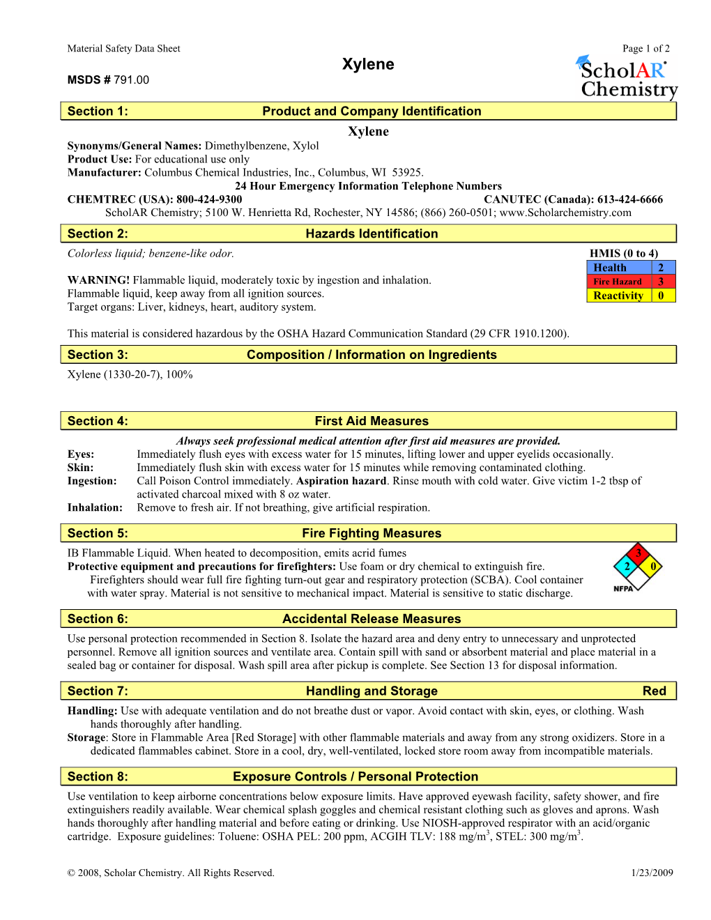 Xylene MSDS # 791.00