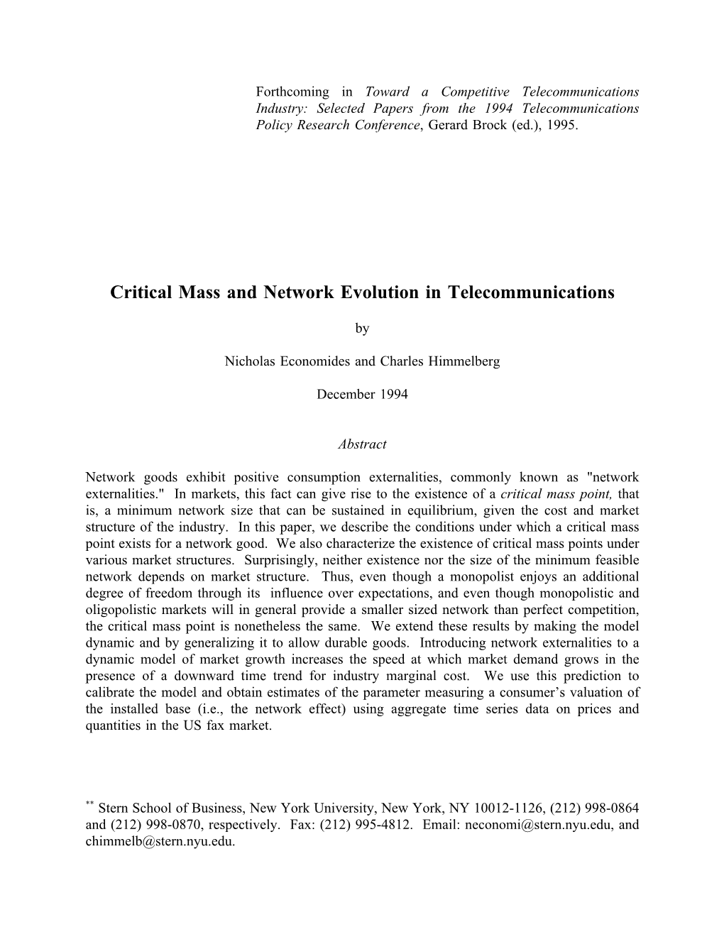 Critical Mass and Network Evolution in Telecommunications