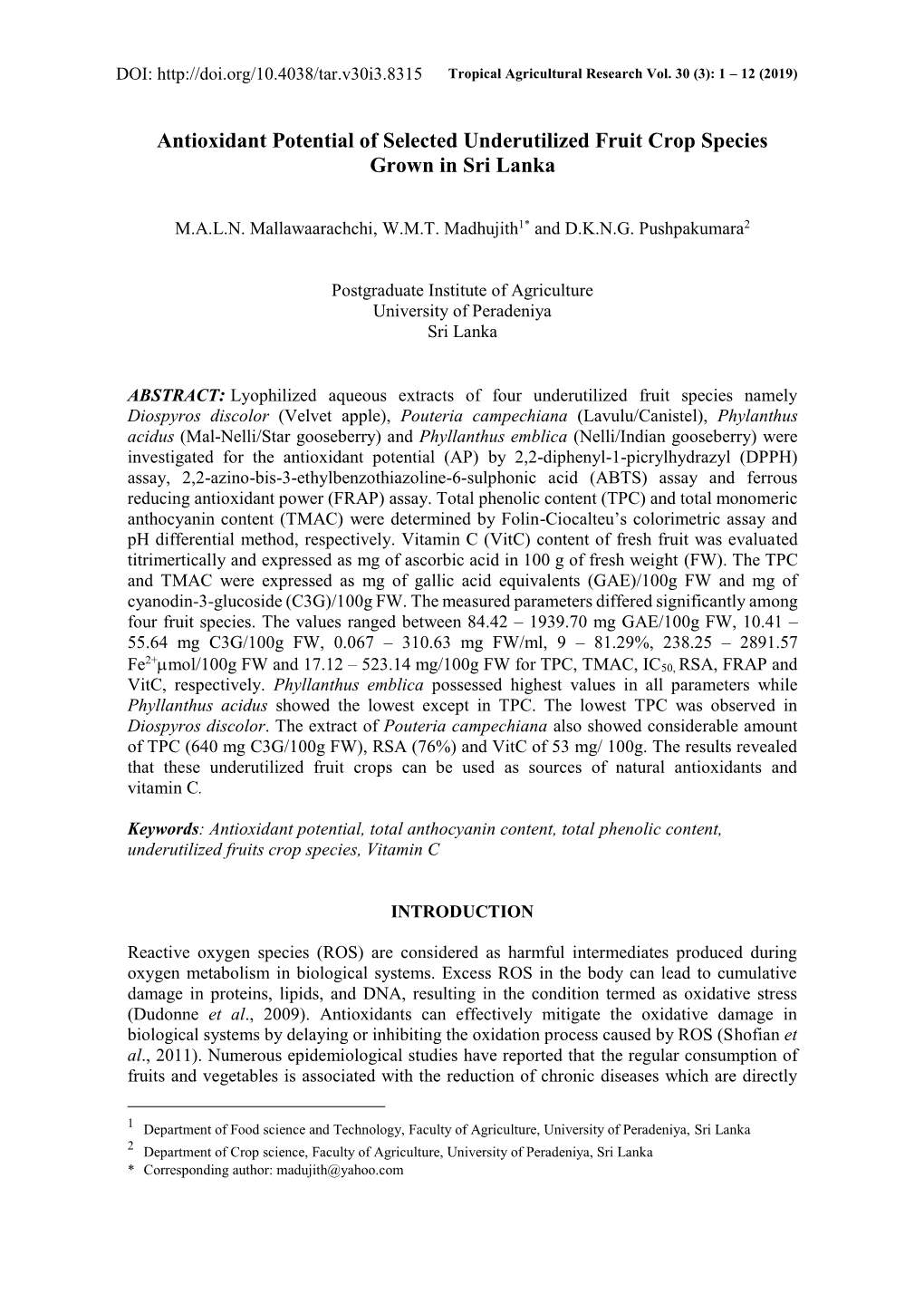 Antioxidant Potential of Selected Underutilized Fruit Crop Species Grown in Sri Lanka