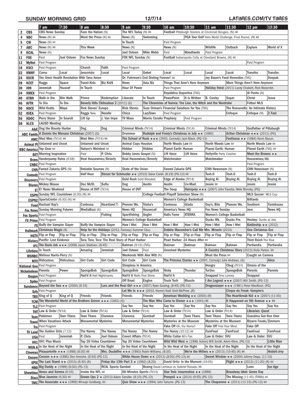 Sunday Morning Grid 12/7/14 Latimes.Com/Tv Times