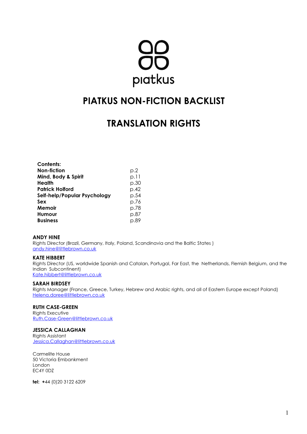 Piatkus Non-Fiction Backlist Translation Rights