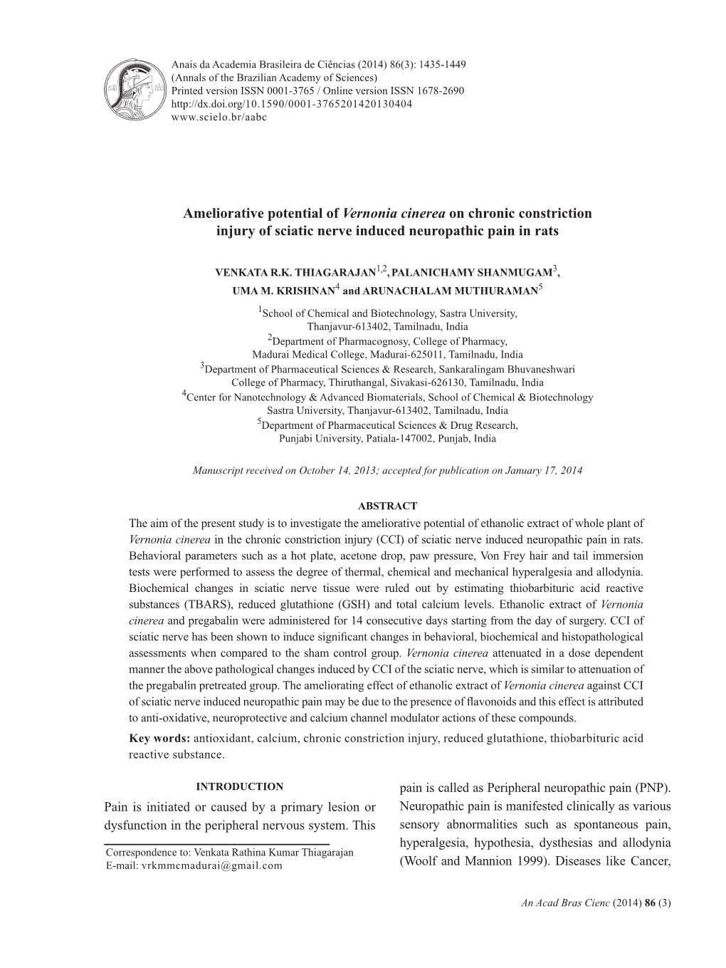 Ameliorative Potential of Vernonia Cinerea on Chronic Constriction Injury of Sciatic Nerve Induced Neuropathic Pain in Rats