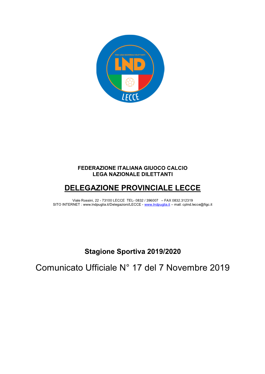 Comunicato Ufficiale N° 17 Del 7 Novembre 2019